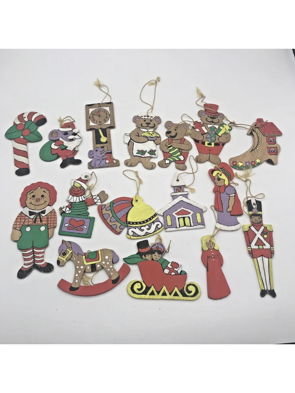 Vtg Wooden Christmas Ornament Lot Of 16 Nursery Rhyme Raggedy Andy Double Sided